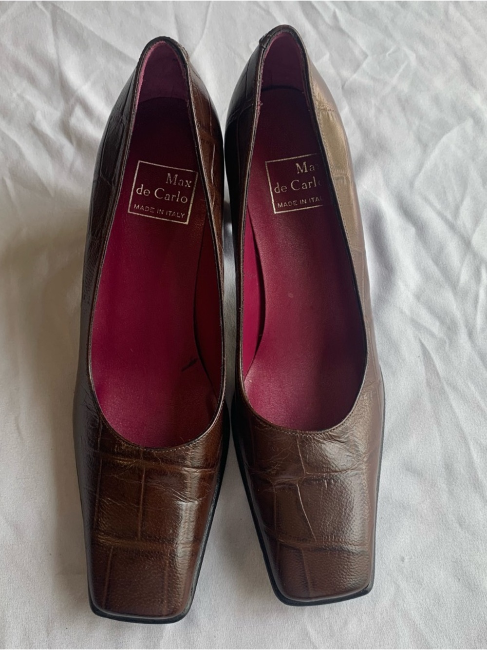 Max de Carlo Brown Croc Embossed Leather Square Toe Block Heel Pumps Italy